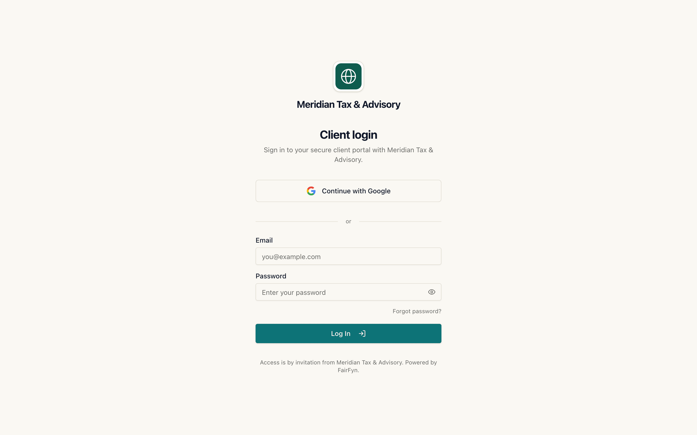 A tax firm's branded FairFyn client login page carrying the firm's own logo and brand color